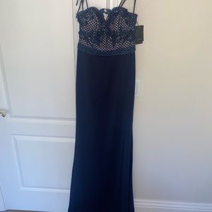 Classy Strapless Navy Blue Beaded Dress